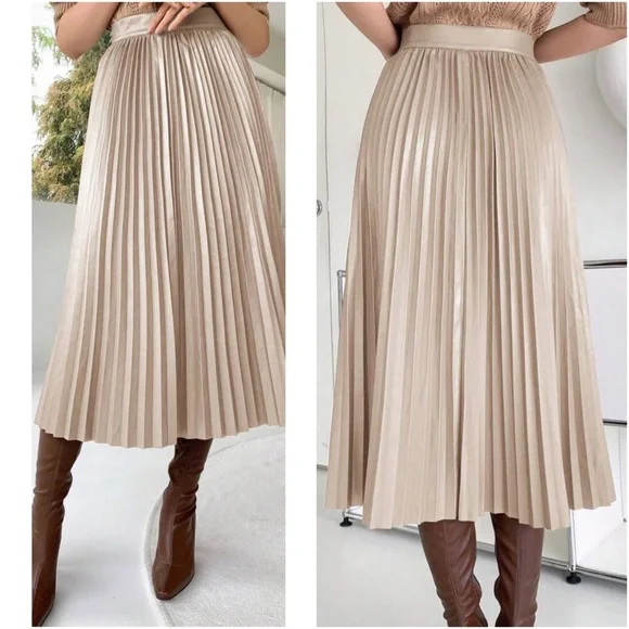 Luxe Vegan leather Accordion Pleated Midi Skirt - Picture 4 of 8